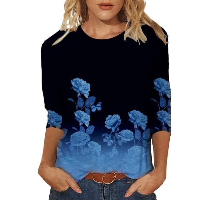 Pompotops Mode Femme T-shirt Imprimé Mi-Longueur Manches 3/4 Blouse Col Rond Hauts Décontractés Liquidation