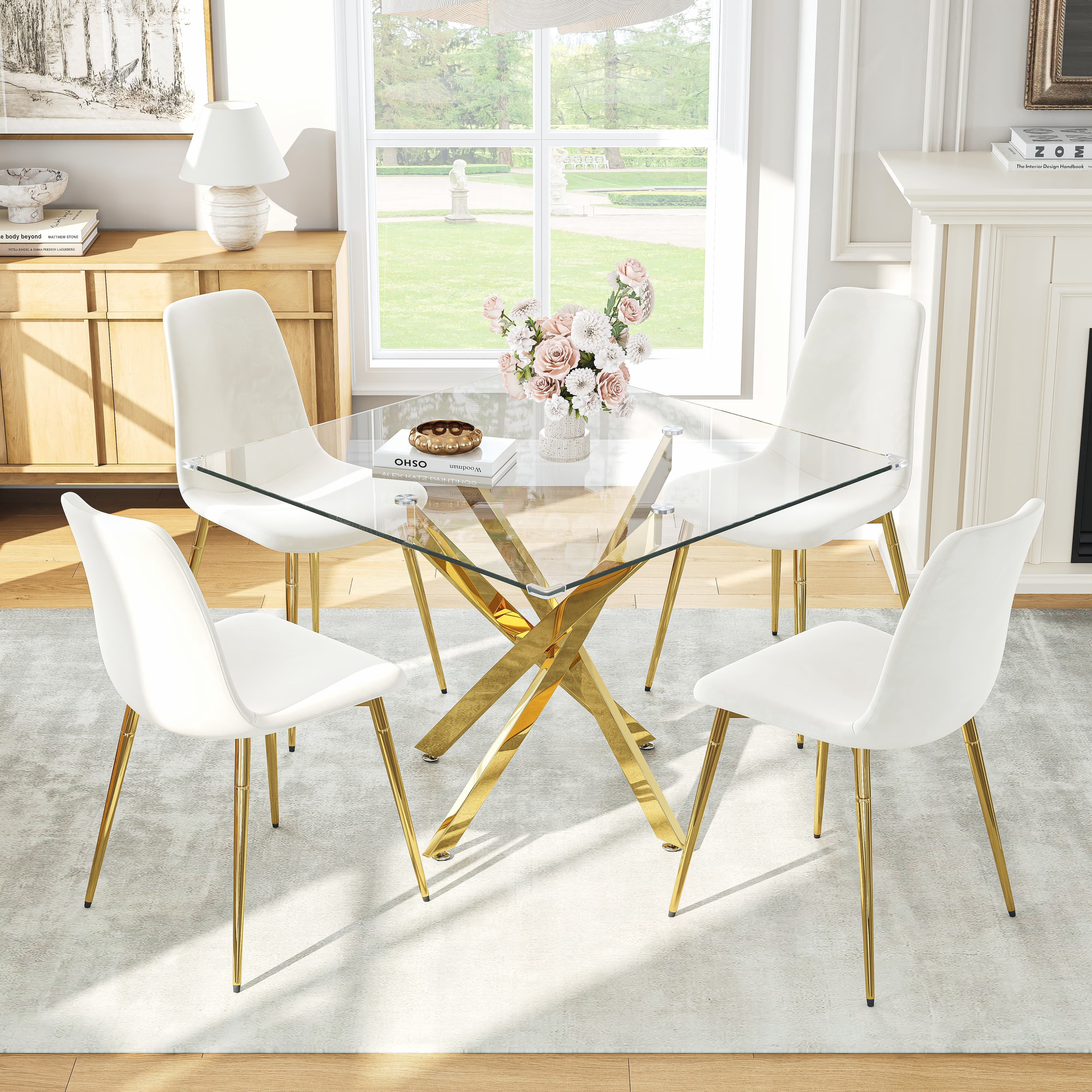 5-Piece 36" Square Glass Dining Set, Clear Tempered Glass Table & 4 Velvet Chairs with Stainless Steel Legs for Kitchen, Meeting Room