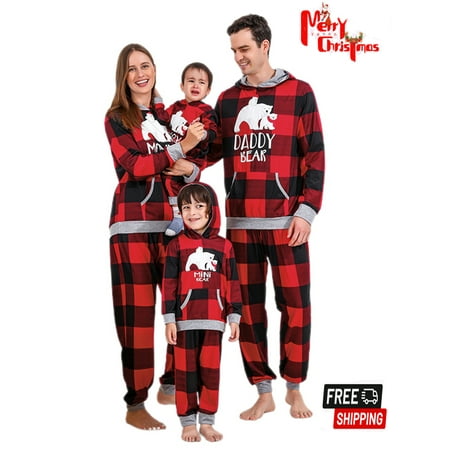 

Sunisery Matching Family Pajamas Sets Christmas Pjs with Bear Printed Hoodie and Plaid Pants Loungewear