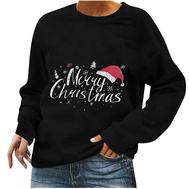 Pompotops Mode Femmes Décontracté Col Rond Impression de Noël Sweat à Manches Longues
