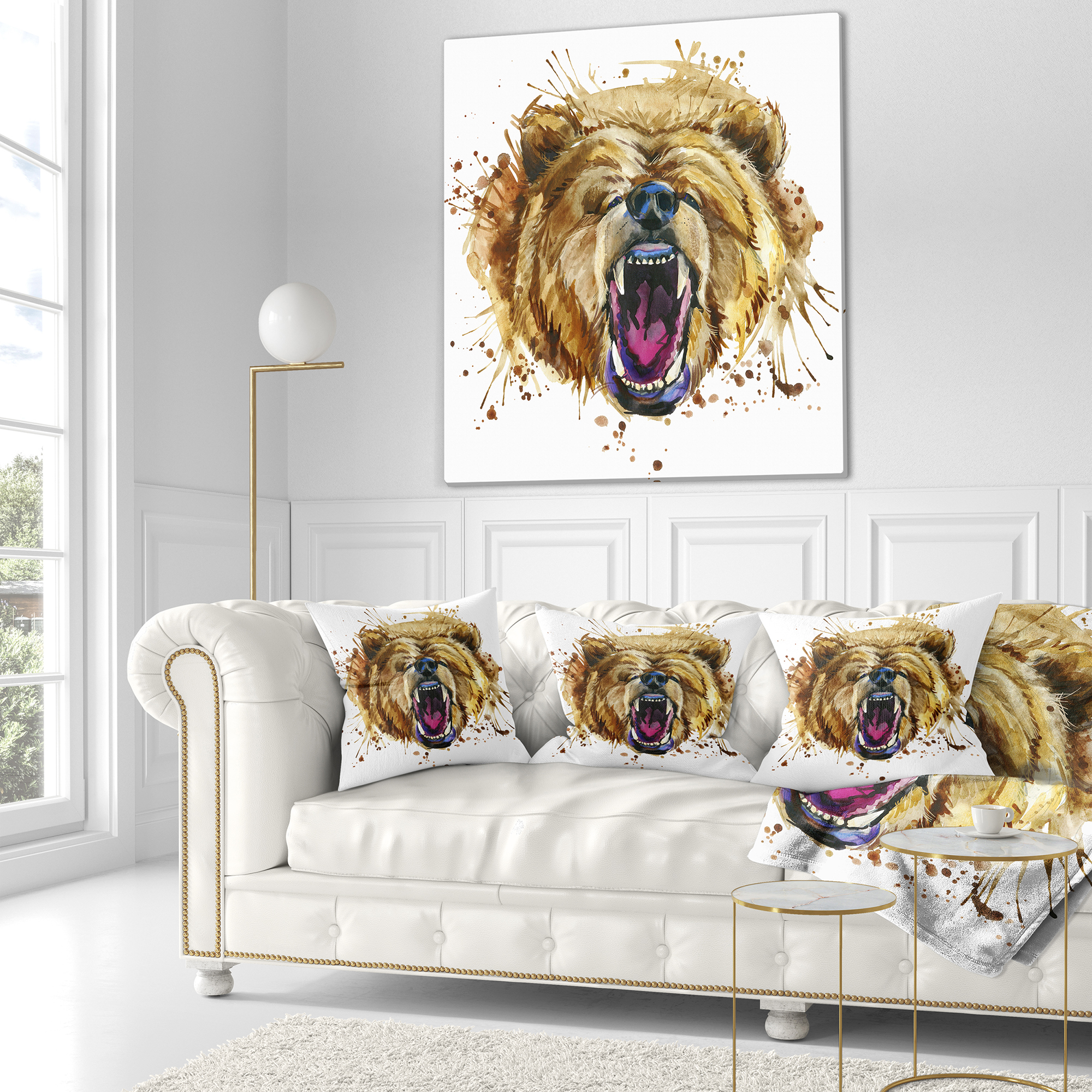 Designart Growling Grizzly Bear Watercolor - Abstract Throw Pillow - 18x18