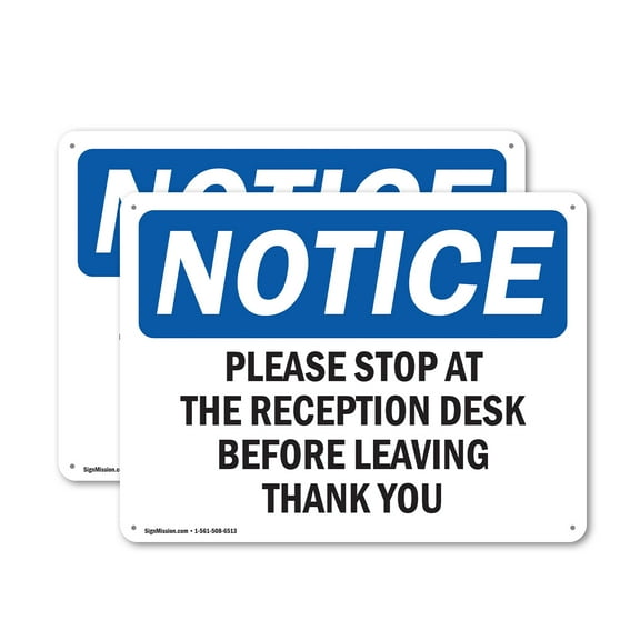 (2 Pack) Please Stop At The Reception Desk Before OSHA Notice Sign 24 Inch X 18 Inch Indoor / Outdoor Rust-Free Aluminum Metal Signs for Workplace, Workshop, and Construction Site, Made
