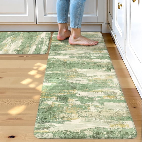 Kitchen Mats Cushioned Anti Fatigue, Modern Abstract Non Slip Kitchen Floor Mat Waterproof Green Sink Rug 2 Piece, Comfort Desk Standing Rugs for Bedroom, Office, Laundry, 17"x29" 17"x47"