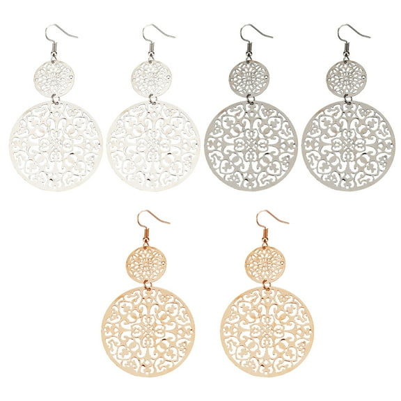 1box 3 Pairs 3 colors Zinc Alloy Filigree Flower Dangle Earrings for Women Mixed color 85mm Pin: 0.6mm 1 Pair/color