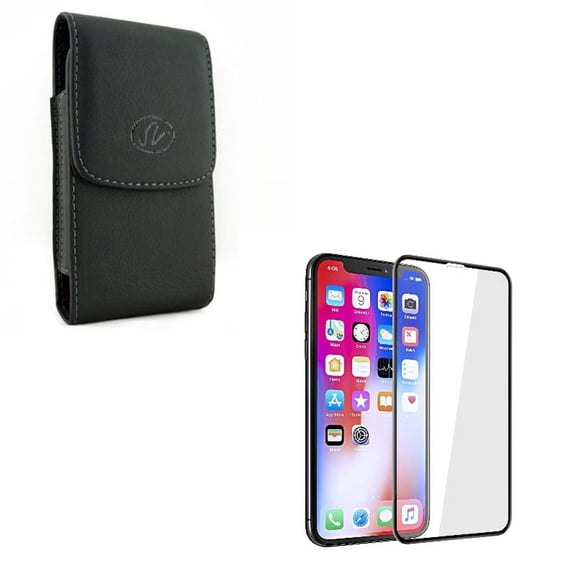Black Leather Side Case Cover Protective Pouch w 5D Tempered Glass Screen Protector Full Cover Compatible With iPhone XR