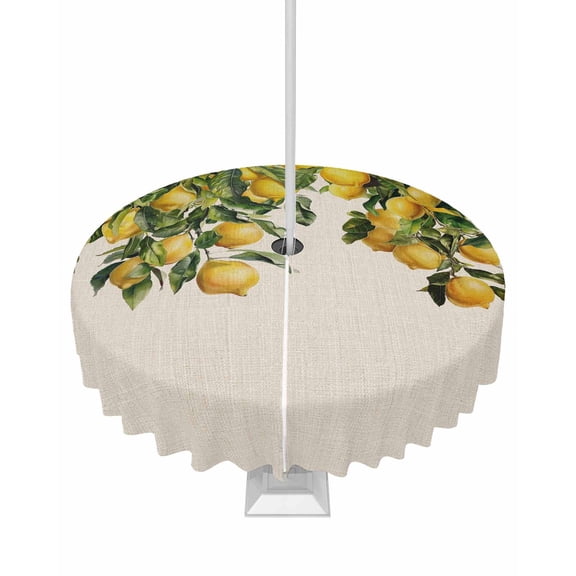 Fsddascl Summer Lemon Outdoor Tablecloth - 60 Inch Round Dining Table Cover, Green Botancial Summer Yellow Fruits Rustic Waterproof Outdoor Table Cloth with Umbrella Hole & Zipper for Picnic/Patio