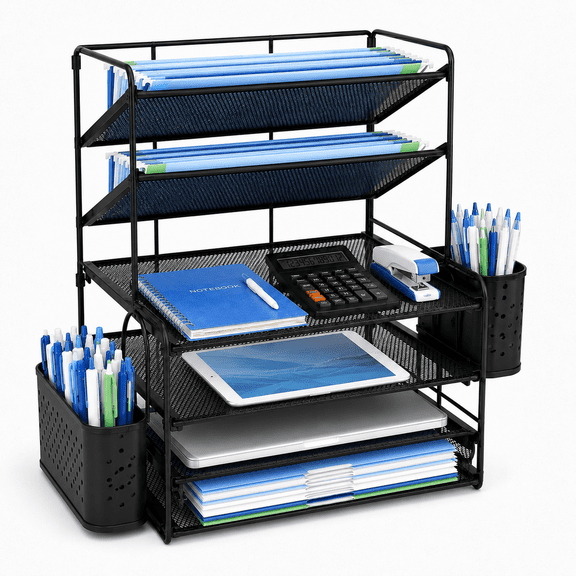 MEHOOM 6-Tier Metal Desk Organizer with File Organizer & Letter Tray Paper Organizer, 2 Pen Holders, Black Desk Organizer for Office Supplies and Desk Accessories