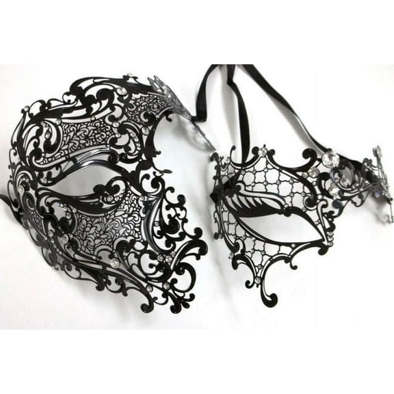 Black Crystal Phantom Men Woman Venetian Mask Masquerade Metal Couple Masks Set