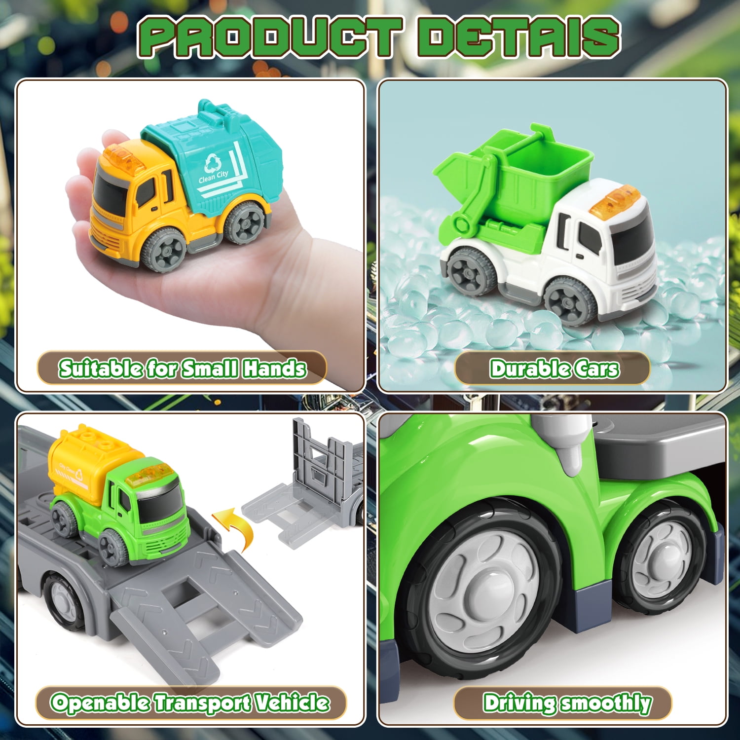 Hot Bee Garbage Recycling Carrier Truck Toy with Lights & Sounds, Sanitation Vehicle Toy for Boys Age 3+, Transport Trash Playset w/ Mini Cars Gift for Boys 3-5