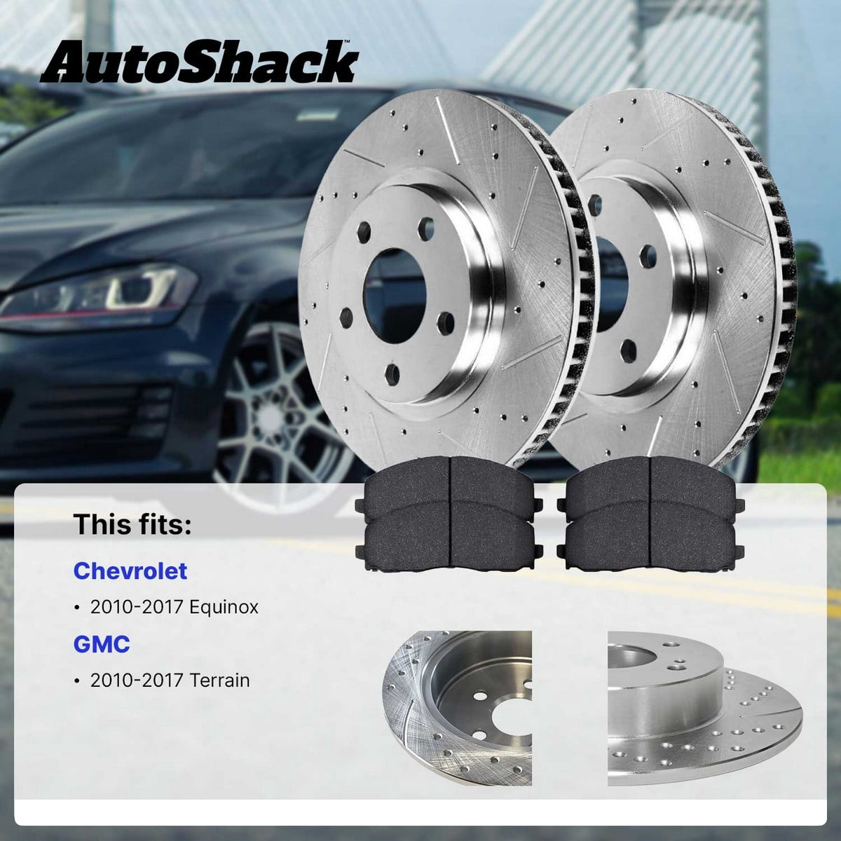AutoShack Front & Rear Brake Rotors & Ceramic Pads for Chevrolet & GMC, Equinox 2010-2017 Terrain 2010-2017, AWD FWD L4 2.4L V6 3.0L 3.6L - Silver Zinc Coated Drilled & Slotted - SilverShield Pro