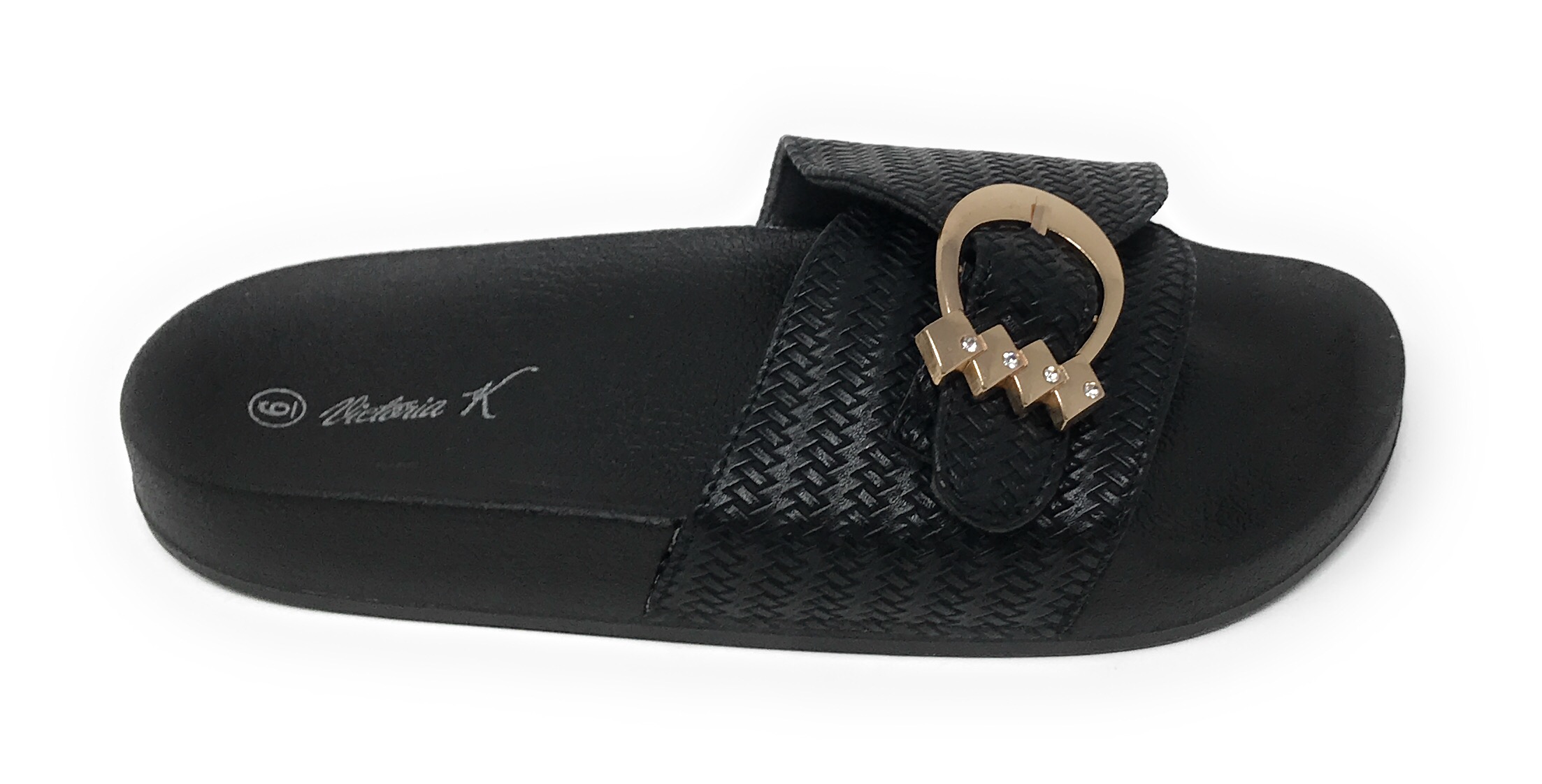 Victoria K Women's Weaved Texture Gold Buckle Slider Sandals