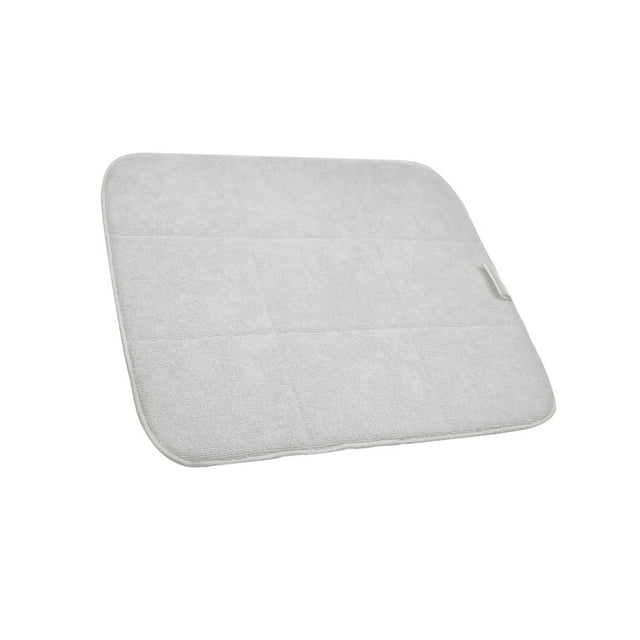 eeasemx tapete antideslizante de fibra superfina para secar encimeras, escurridor multiusos para vajilla, sartenes y cristalería (beige) tapete beige 40 x 1.2 cm en vista 3/4, superficie de fibra superfina con costuras en cuadrícula, bordes redondeados y etiqueta lateral visible. Absorbente, antideslizante, plegable y lavable; ideal como almohadilla de drenaje o posavasos para mantener la encimera seca.
