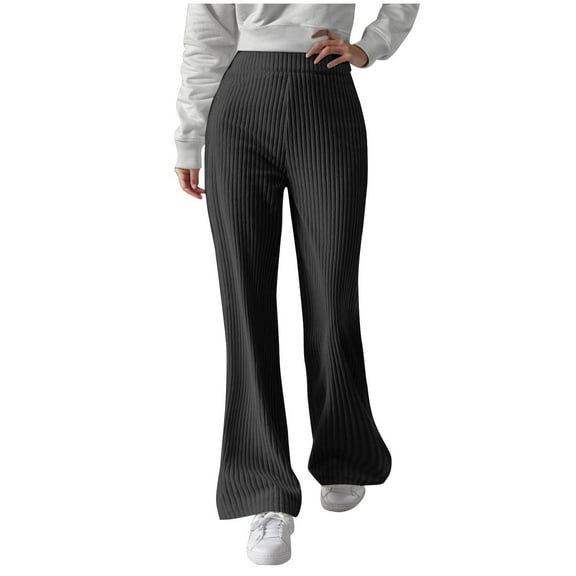 RQYYD Women's Wide Leg Pants Ribbed Knit High Waist Casual Pants Lounge Pants