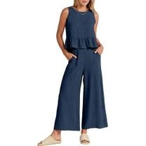 Women'S Casual Sleeveless Pleated Round Neck Vest Wide Leg Cropped Pants Set Navy Blue S