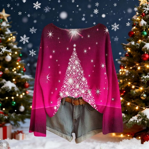 Uootdi Christmas Graphic Print Long Gift Sleeve Sweaters for Women Crewneck Drop Shoulder Knit Pullover Cute Santa Claus Fall Tu nics Tops