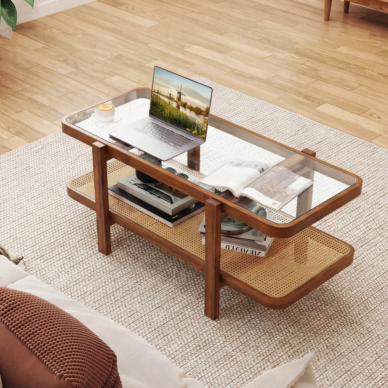 Costway 2-Tier Rustic Coffee Table with Storage Tempered Glass Tabletop PE Rattan Shelf Brown