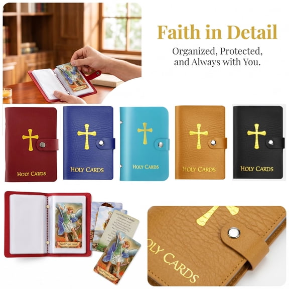 Holy Card Holder with Cross Embossed Faux Leather Snap Closure - Catholic Prayer Card Organizer, Holds 40 Cards, Portable Pocket Size for Mass & Devotional Use