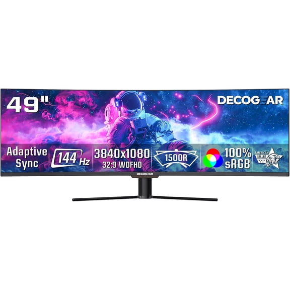 Deco Gear 49" Curved Monitor, 32:9 Super Ultrawide Gaming Monitor, DFHD 3840x1080 144Hz (165Hz OC), Monitors for Computer Desks, Ultrawide Monitor, HDR, USB-C 65W, KVM, PBP/PIP, 1500R