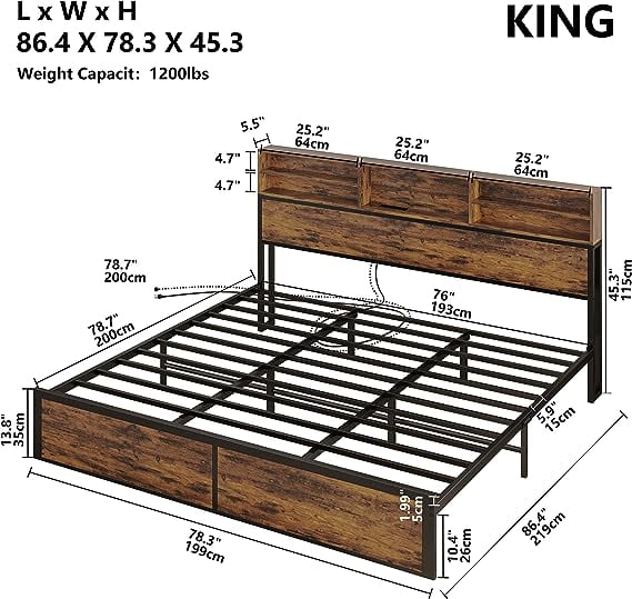 LIKIMIO King Size Bed Frame with Boocase Headboard and Charging Station