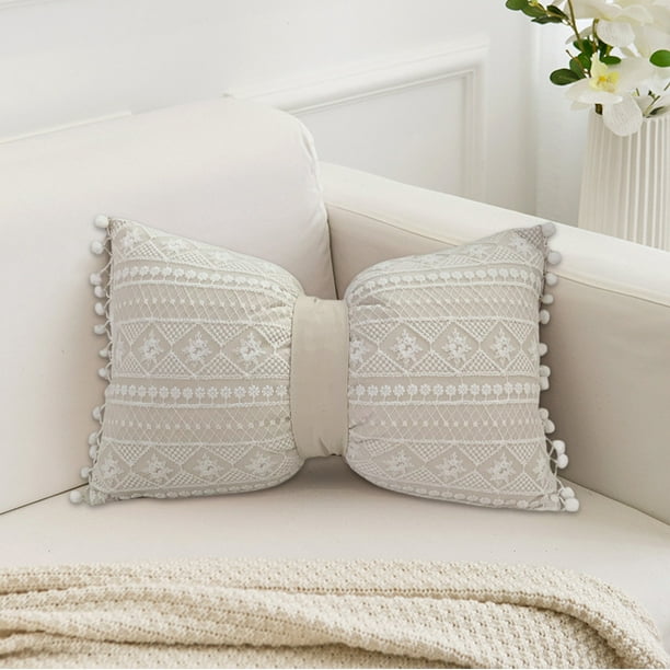 Cojín de lazo de algodón y lino | Cojín decorativo floral para sofá | Detalles de encaje | Soporte lumbar | Regalo para el Día de la Madre | Blanco | 19,6x11,8 in | 1 pieza | Decoración del hogar