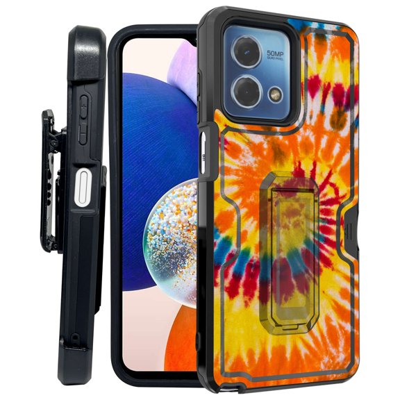 ANJ  Rugged Shockproof Kickstand Hybrid Case with Card Slot and Holster   Tempered Glass Cover for Motorola Moto G Stylus 5G (2023) - Tie Dye Swirl