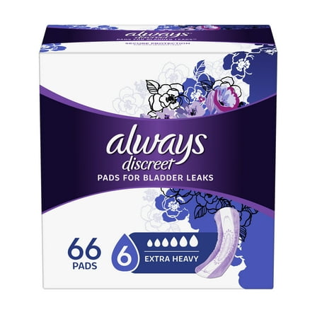 Always Discreet Incontinence Pads for Women, Extra Heavy Absorbency, 66 Count