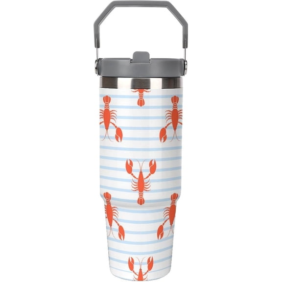 30 Oz Insulated Tumblers with Flip Straw Lid Top Handle Lobster Pattern Leakproof Reusable Vacuum Stainless Steel Travel Coffee Mug for Car