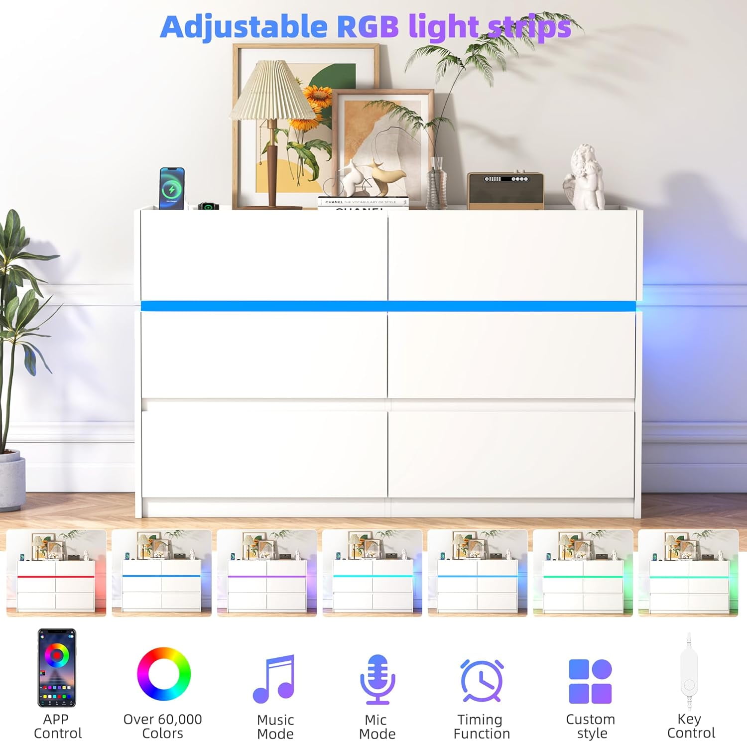 HAUXITIO 6 Drawer Dresser Chest with Charging Station and LED Lights for Bedroom, Modern TV Stand Cabinet, White