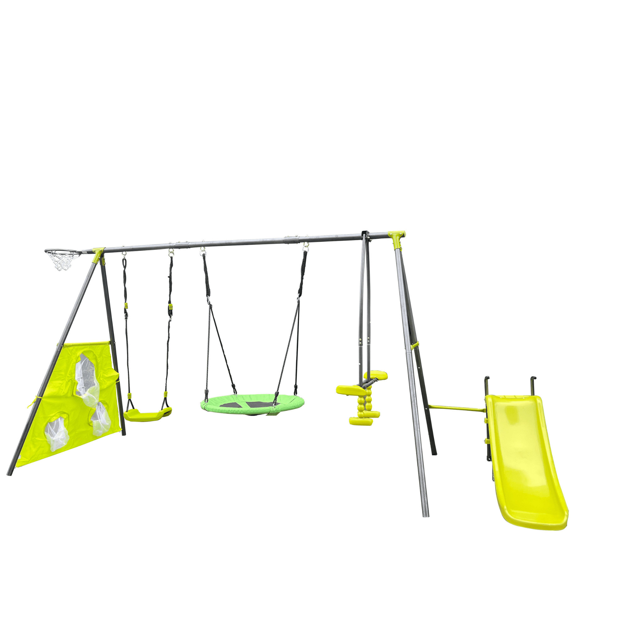 5 in 1 Outdoor Metal Swing Set with Seesaw Swing, Playground Swing Sets with Heavy-Duty A-Frame Metal Outdoor Stand, Swing Slide Playset for Kids with Basketball Hoop