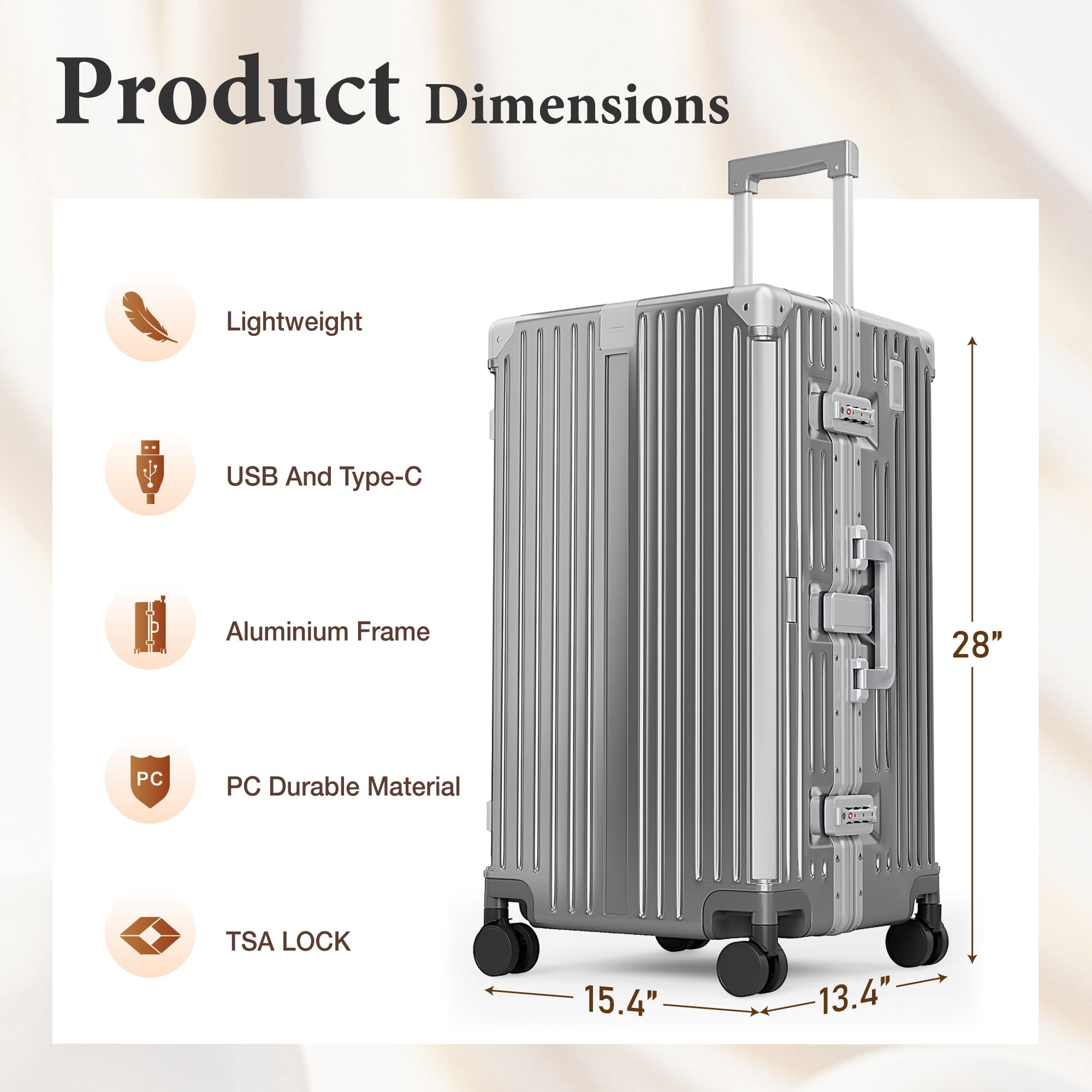 MF Studio 26 Inch Checked Trunk Luggage, Lightweight Zipperless PC Hardshell Suitcase with Aluminum Frame, TSA Locks, Spinner Wheels, USB Charging Port, Dark Gray