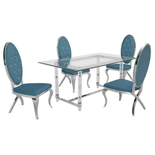 5pc. 68 "x 40" Ensemble de Dînette en Verre avec 4 Chaises et Acier Inoxydable Argenté