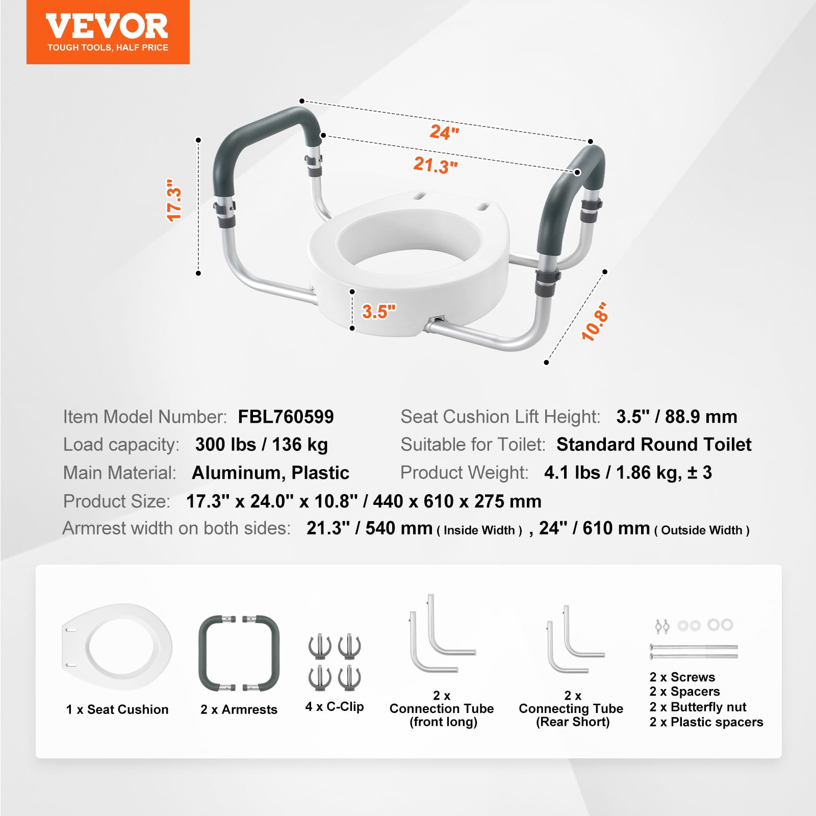 VEVOR Raised Toilet Seat, 3.5" Height Raised, 300 lbs Weight Capacity, for Standard Round Toilet, Aluminum Handrail, with EVA Armrest Padding, for Elderly, Handicap, Patient, Pregnant, Medical