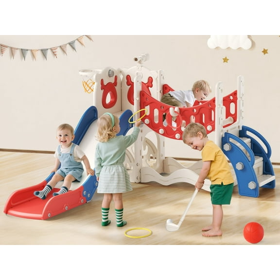 AMTPM 6-in-1 Toddler Play Center, Slide, Stairs,Climbing Bridge,Basketball Hoop & Golf ,Blue/Red