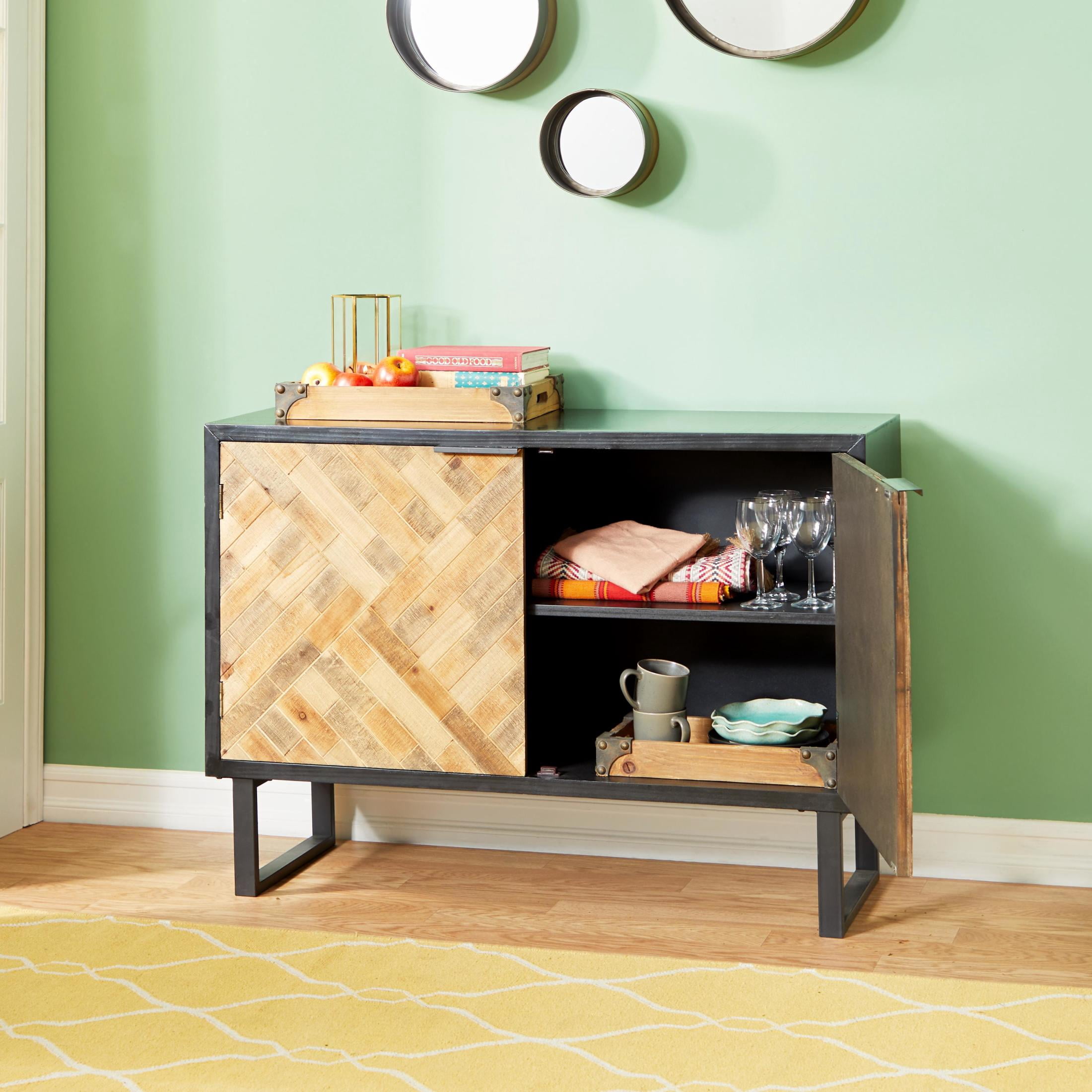 DecMode 47" x 33" Black Wood 2 Door Geometric Cabinet with Wood Inlay, 1-Piece