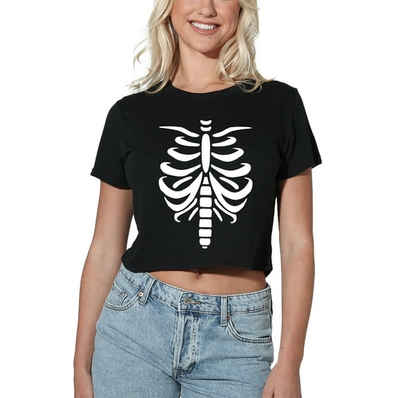 Popfunk Halloween Skeleton Costume Women's Crop Top T-Shirt, Black, Large