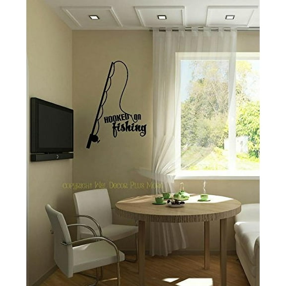Hooked on Fishing with Pole Wall Decal Lettering Vinyl Sticker Quote, 23x16, Black