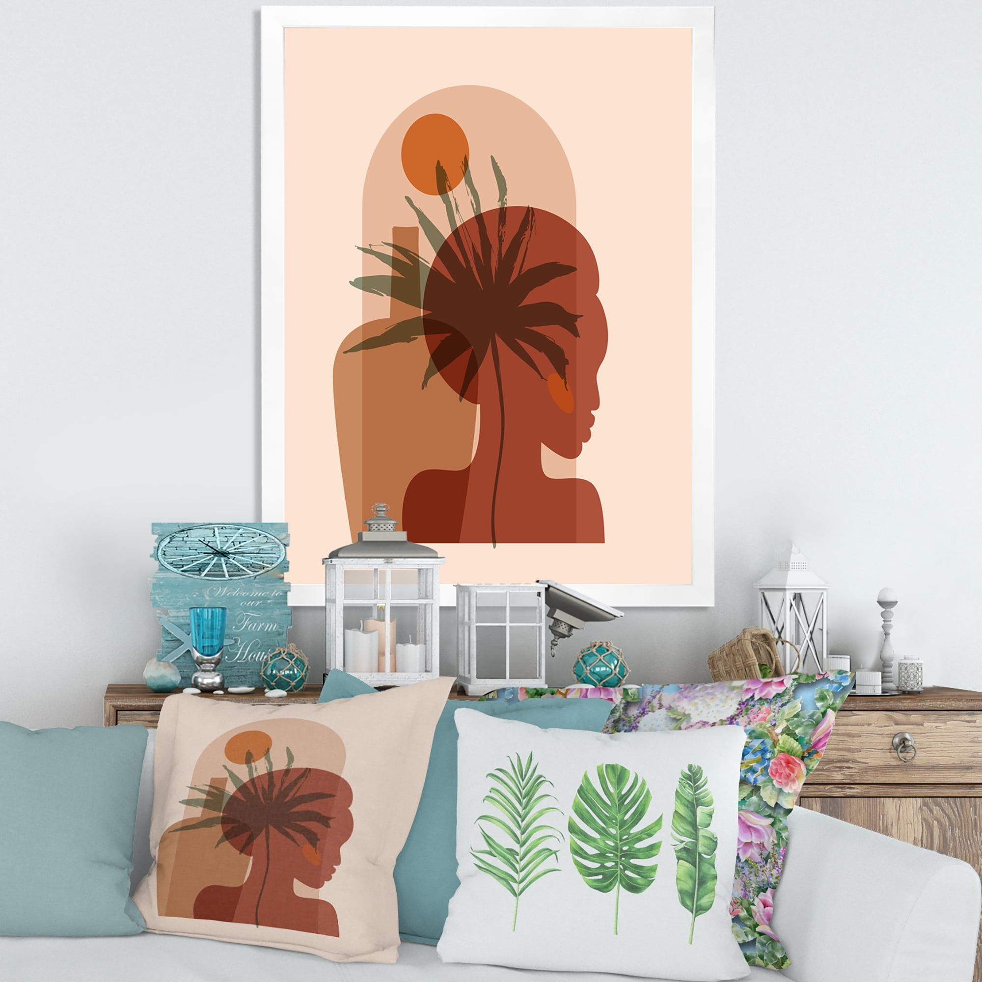 Designart 'Abstract Pretty Girl Portrait and Tropical Palm Leaf' Modern Framed Art Print
