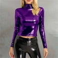 thumbnail image 2 of ManxiVoo Metallic Liquid Glitter Turtleneck Crop Top Long Sleeve Shiny Bodycon Shirt Women Sleeveless Tank Versatile Evening Glam S Size Purple, 2 of 6