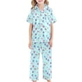 thumbnail image 3 of Girls Pajamas 3Pcs Button Down Pjs Short Sleeve Top Shorts & Long Pants Cute Patterns Valentine's Day Pajama Outfit with Pockets Loung Sets Silk Nightwear Lounge Sleepwear for Kids, 3 of 5