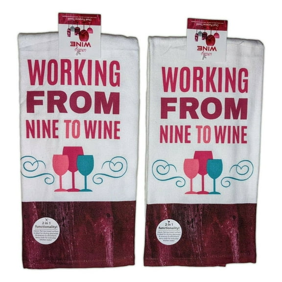 Set of 2 WORKING FROM NINE TO WINE Terry Kitchen Towels by Kay Dee Designs