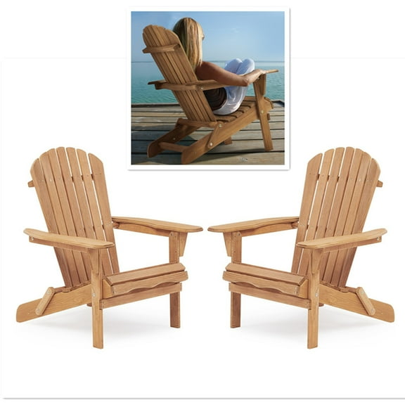 Solid Wood Folding Adirondack Chairs Set of 2 - Half Assembled Light Brown Patio Lounge Chairs for Garden, Pool, Deck, Backyard & Fire Pit