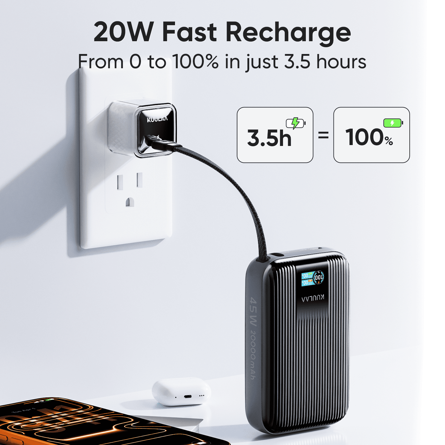 Kuulaa 20000mAh 45W Power Bank with Built-in Cable & Smart Display, Fast Charger Compatible for iPhone 17/16/15/14, Samsung, iPad, Laptop