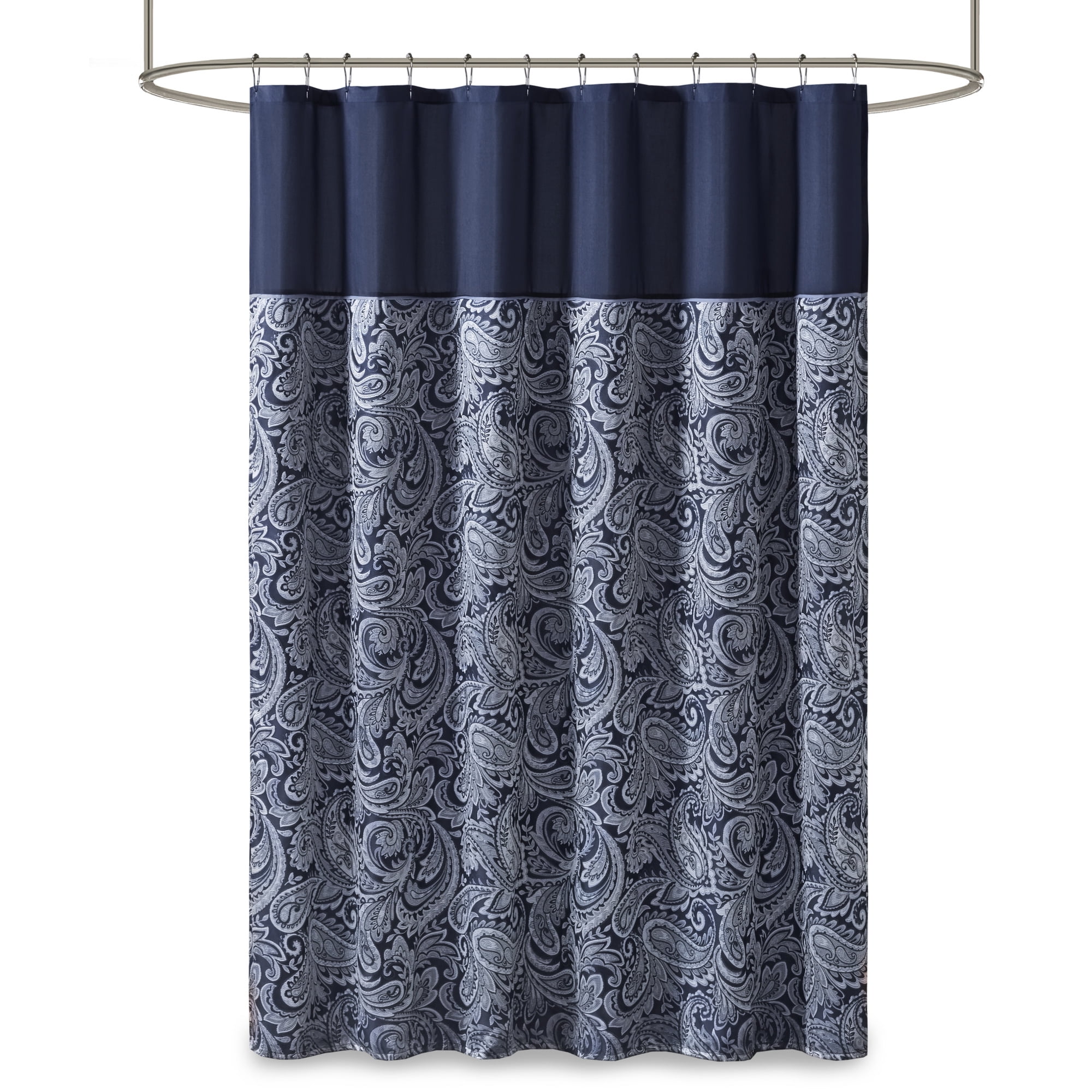 Madison Park Navy Shower Curtain, Traditional Jacquard Bath Curtain with 12 Button Holes, 72" x 72"