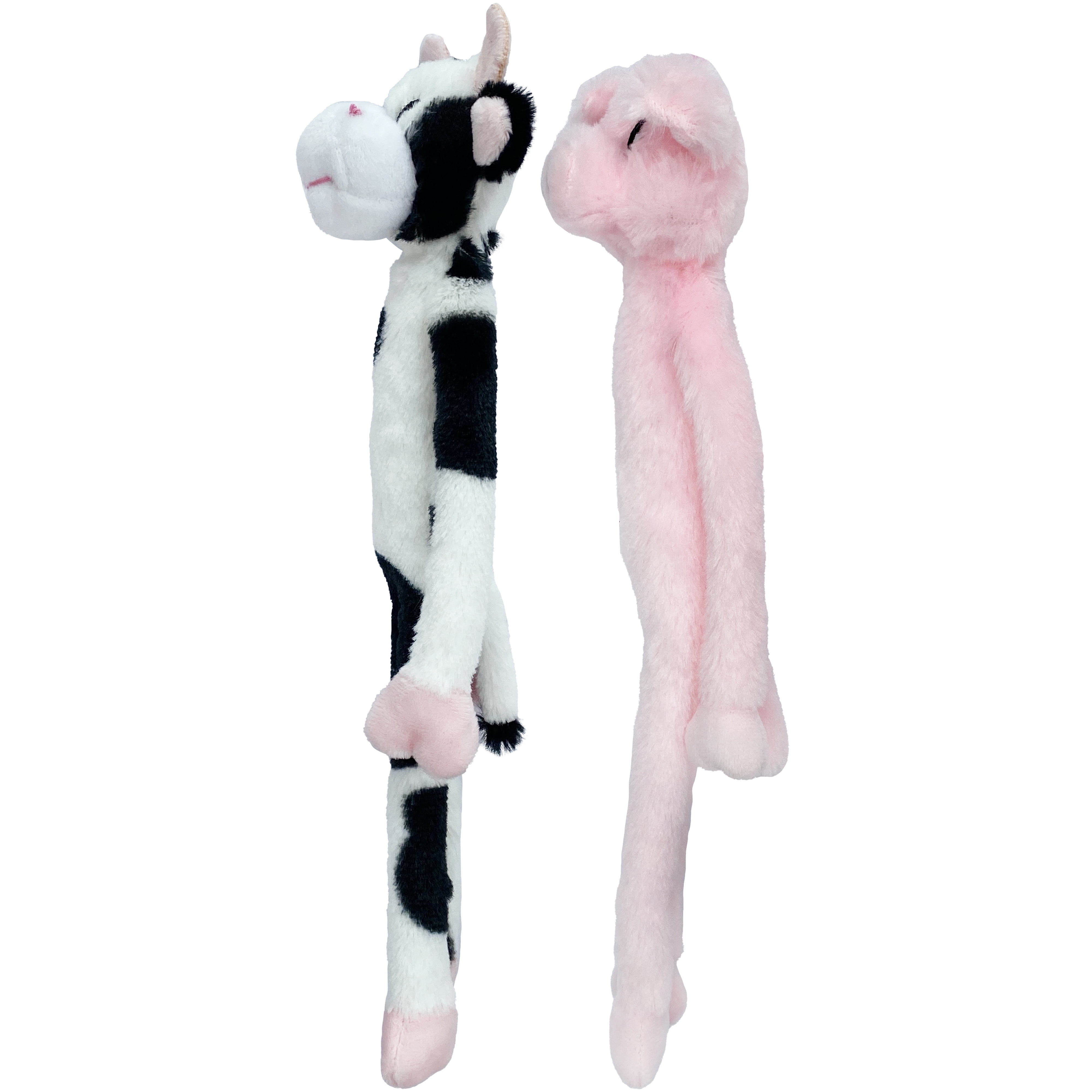 Multipet Plush Dangle Animals, 2 Pack, Plush Dog Toy, Cow and Pig with Squeaker