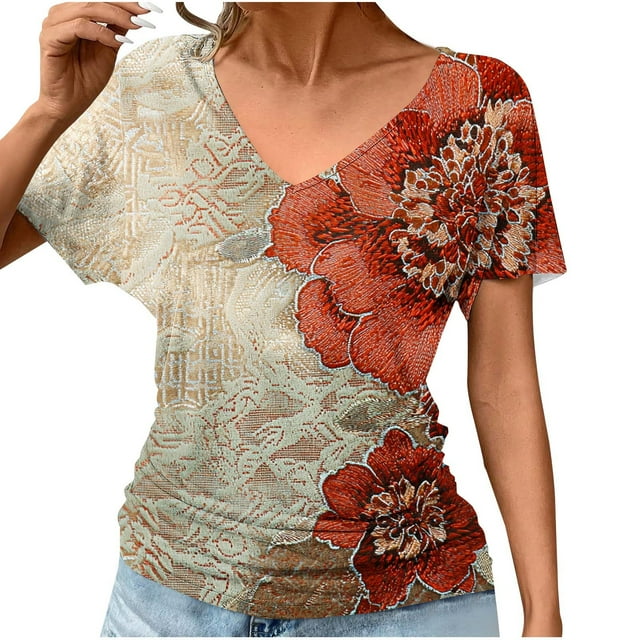 Weiqiqre T-Shirts Col en V pour Femmes Manches Courtes Blouse Col en V Froncée Tunique Basique Décontractée