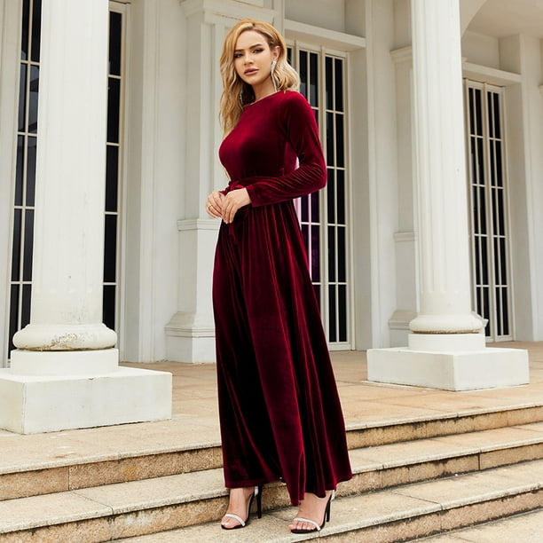 IBTOM CASTLE Women's Fall Winter Velvet Dress Long Sleeve Round Neck Maxi  Dress with Belt Wedding Guest Cocktail Gown Evening Party Dress M Wine Red  - Walmart Business Supplies