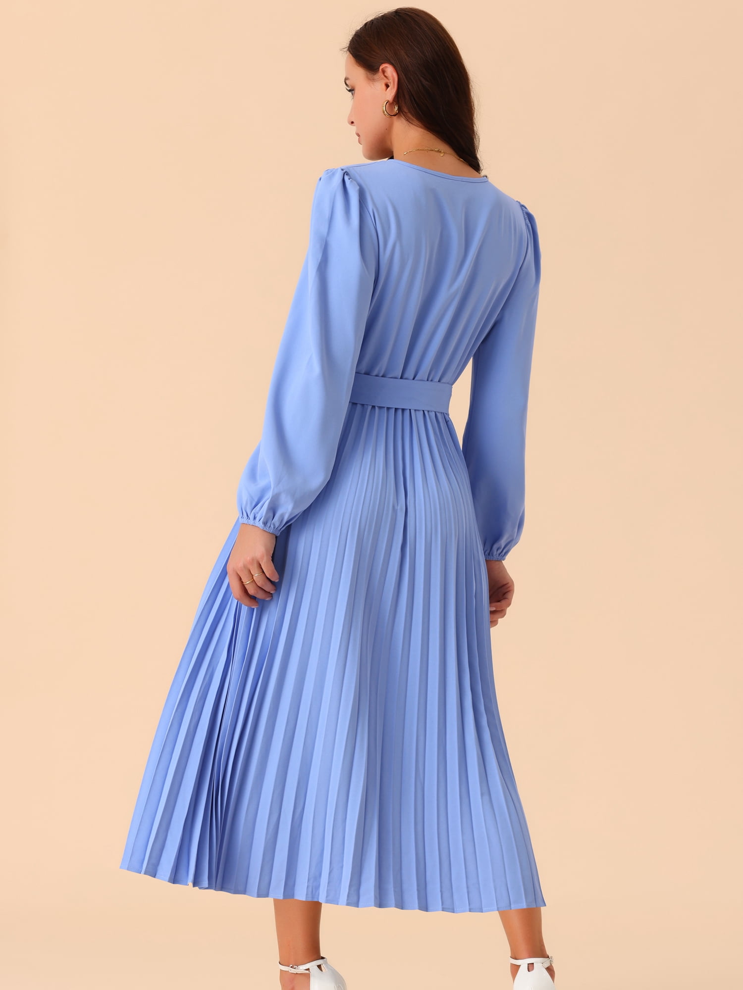 DARING DIVA Women's Long Puff Sleeve Flowy Ruffle Pleated Dress with Belt S Blue