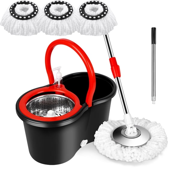 1set Stainless Steel Mop and Bucket Set with Wringer, 3 Microfiber Mop Heads, 61" Extended Handle, PP Material, Household Floor Cleaning Supplies, Black