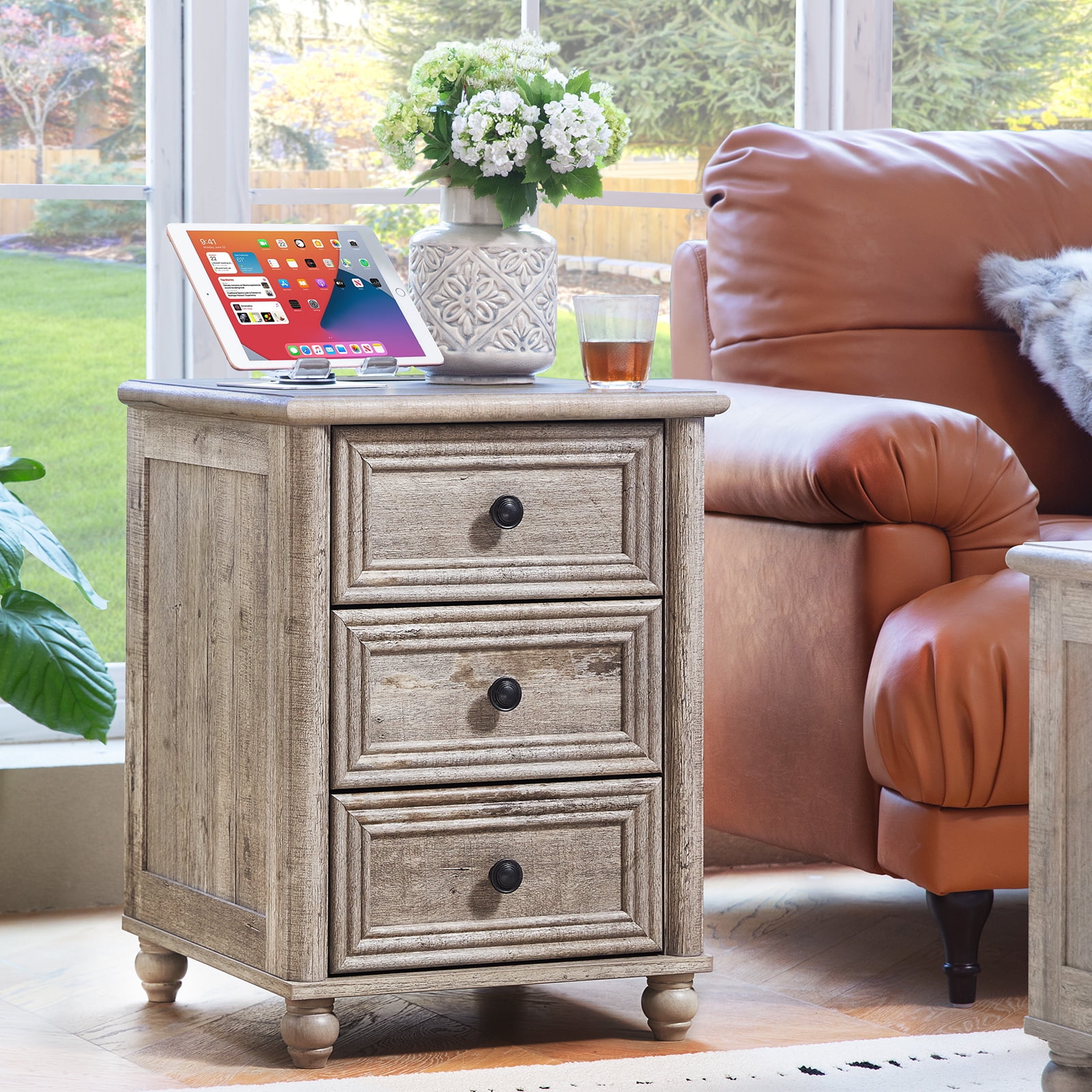 Nightstands Set of 2 with 3 Drawers, Farmhouse Nightstands with Charging Station End Table Beside Table for Bedroom Enrtyway Living Room, Grey Oak