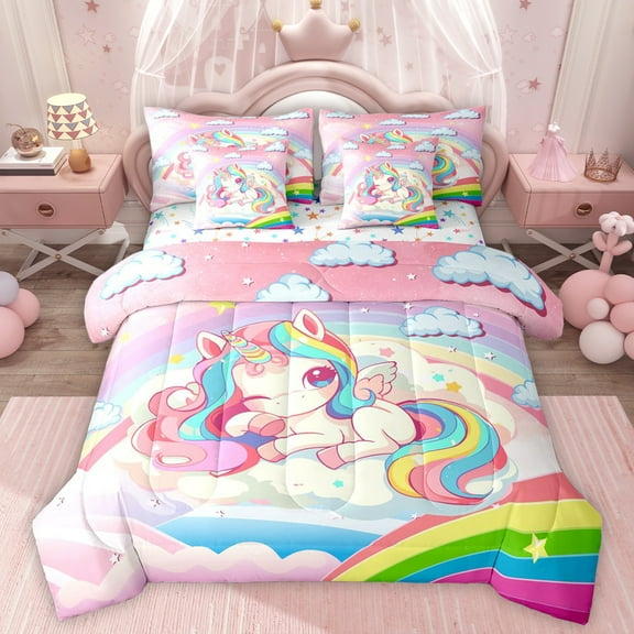 Homewish Colorful Cute Unicorn 7-Piece Twin Bedding Sets,Kawaii Rainbow Stars Pattern Bedding Comforter Set, Magic Animal Sheet Sets For Girls Teens,Super Cozy Room Decor Reversible